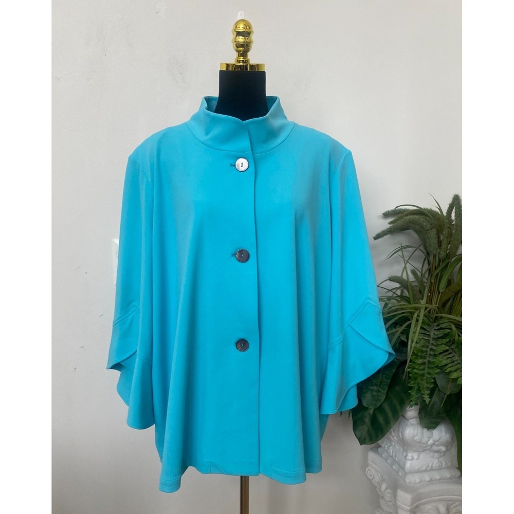 NWT Ming Wang Deco Crepe Winged Turquoise Blue Bell Sleeve Jacket Size 3X, $345